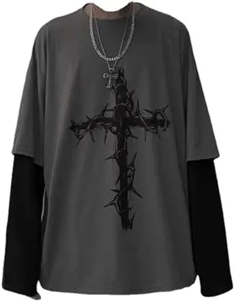 Goth Shirt Gothic Shirt Fake Two-Piece Alternative Clothing Goth Long Sleeve Top Grunge Clothes