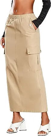 Verdusa Women's Casual Elastic Waist Pocket Side Long Cargo Skirt