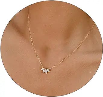 LEXODY Diamond Necklaces for Women Dainty Leaf Necklace 14k Gold Plated Layered CZ Moon Necklace Simple Diamond Choker Necklaces for Women Trendy Jewelry Gifts for Girls