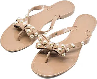 Qilunn Women Big Bow Flip Flops Jelly Thong Sandals Rubber Flat Summer Beach Rain Shoes