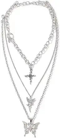 DXZNBEST Dainty Punk Layering Butterfly Cross Angel Pendant Statement Chains y2k Boho Jewelry Toggle Necklace Layered Choker Emo Aesthetic Chunky Chains for Festival Eboy Egirl Women Men