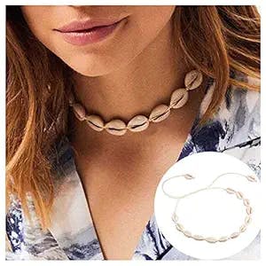 Iaceble Boho Natural Sea Shell Clavicle Necklace Khaki Woven Shell Choker Necklace Summer Cowrie Shell Necklace Hawaii Beach Short Necklace Jewelry for Women and Girls (Khaki rope)