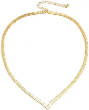 NALISASA Simple Minimalist Copper Flat Snake Chain Choker Necklace Punk V-Shaped Short Collar Clavicle Necklace Women Jewelry (GOLD)