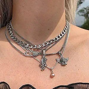 Sttiafay Punk Layered Chunky Chain Necklace Devil Angel Pearl Pendant Choker Multilayered Cuban Link Necklace Y2K Jewelry for Women Girls