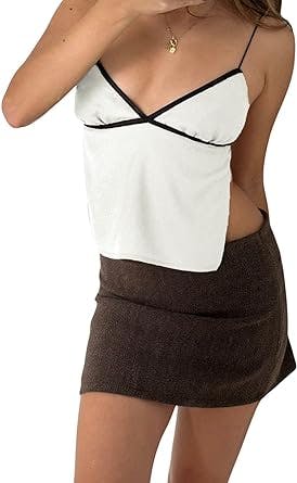 Mioliknya Y2K Women Cute Crop Top Spaghetti Strap Sleeveless Camisole Backless Tie Up Vest Sexy Summer Blouse