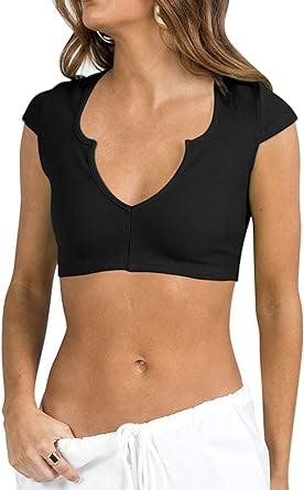 Antopmen Women Cut Out V Neck Cap Sleeve Ribbed Crop Top Y2K Sexy Slim Fitting Cute Casual T Shirt Tank Top