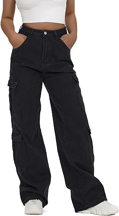 Women's High Waist Cargo Pants Flap Pocket Baggy Cargo Jeans Y2K Streetwear Pants Casual Combat Military Trousers.