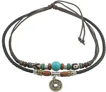 Ancient Tribe Unisex Adjustable Necklace Choker Turquoise Bead (Black & Brown)