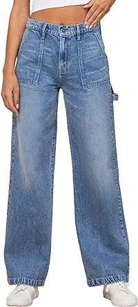 Dokotoo Women's Casual Mid Waist Cargo Jeans Flap Pocket Wide Leg Denim Pants