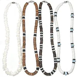 Native Treasure - Set of 4 Necklaces, White Rose Clam Puka Chip and Heishe Shells, Brown Black Wood Coco Beads, Durable Line, Authentic Tropical Jewelry, Surfer Choker