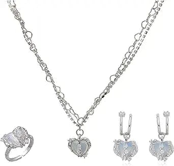 KURTCB Crystal Heart Pendant Necklace Earrings Rings Y2k Aesthetic Kpop Zircon Love Heart Chain Choker Neckalce for Women Girls