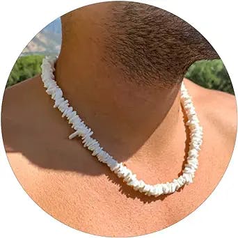 Long tiantian Summer White Puka Shell Necklace, Hawaiian Seashell Necklace for Men, Beachy Beaded Pooka Choker, VSCO Girl Beach Necklaces for Women,Heishi Clam Chips Surfer Jewelry
