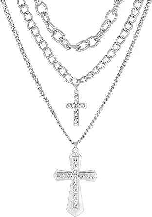 Vintage Celtic Rhinestone Crystal Cross Long Pendant Necklace Y2k Pearl Beaded Bling Chain Irregular Cool Punk Choker Necklace Silver for Women and Girls