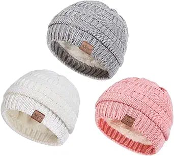 Alepo Fleece Lined Baby Beanie Hat, Infant Newborn Toddler Kids Winter Warm Knit Cap for Boys Girls (Light Gray&Pink&White)