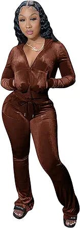 yidengymx Womens Velour Tracksuit Two Piece Outfits for Women Long Sleeve Hooded Zip Crop Tops Flared Pants Set