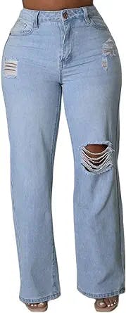 Yenfief Womens Baggy Ripped Straight Leg Jeans High Waisted Distressed Boyfriend Jeans for Women Loose Wide Leg Denim Pants