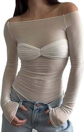 Women's Sexy Crop Top Long Sleeve Off Shoulder Going Out Tops Slim Fit Mesh Ruched Twisted Blouse Y2K T Shirt