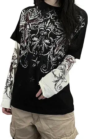 Women Y2k Gothic Patchwork Top Fairy Grunge Graphic Long Sleeve T Shirts 90s Aesthetic Dark Academia Streetwear