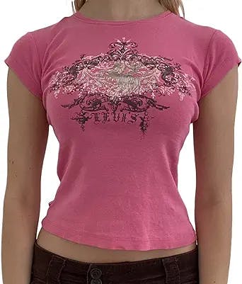 Women Vintage T-Shirt Casual Short Sleeve Round Neck Graphic Print Blouse Tee E-Girl Fairy Grunge Streetwear