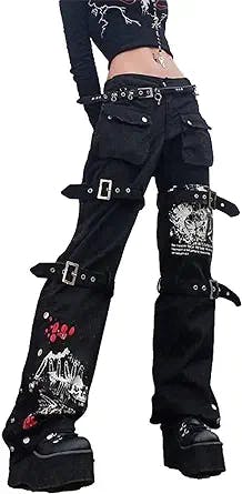 KMBANGI Women Y2K High Waisted Jeans Gothic Baggy Denim Pants Loose Casual Pants Trousers Streetwear
