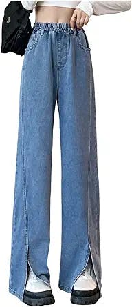 Y2k Jeans Pants for Women High Waisted Straight Leg Vintage Pants Wide Leg Slit Ankle Trendy Trousers Streetwear