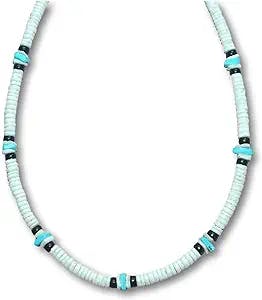 Native Treasure White Clam Heishe Puka Shell Necklace Blue Chip 2 Black Coco Surfer Beach Necklace - 5mm (3/16")