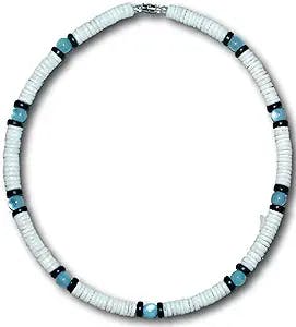 Native Treasure White Clam Heishe Puka Shell Necklace Blue Cat-Eye Black Coco Surfer Necklace Choker- 8mm (5/16")