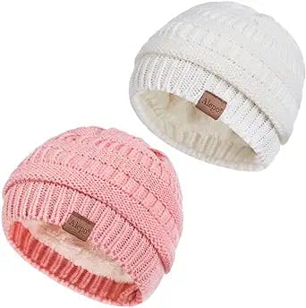 Alepo Fleece Lined Baby Beanie Hat, Infant Newborn Toddler Kids Winter Warm Knit Cap for Boys Girls (Pink&White)