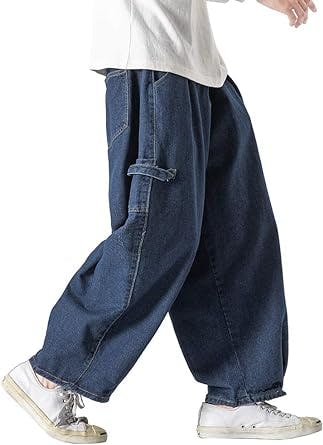 KOCHHA Jeans Men's Big Wide Pants Cotton Relaxed-Fit Carpenter Jean Denim Pants Hip Hop Blue Black M-5XL
