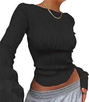 Yeenily Women Sexy Crew Neck Long Sleeve T-Shirt Solid Ruched Slim Fit Crop Tops Y2K Aesthetic Fashionable Daily Wear
