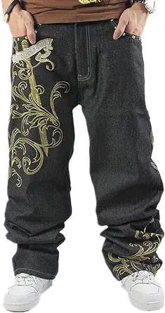 Ruiatoo Mens Jeans Fashion Skateboard Pants Snake Embroidery Baggy Jeans Hip Hop Denim Black Trousers