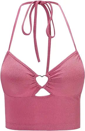 MakeMeChic Women's Halter Tie Open Back Cut Out Ribbed Crop Cami Top