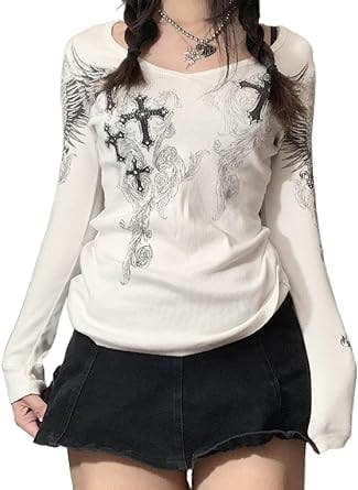 Women Y2K Long Sleeve Patchwork Lace Square Neck Crop Top Tshirt Slim Fit Harajuku Vintage Streetwear Blouse Tops
