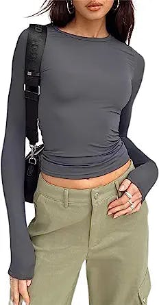Hafailia Fitted Basic Long Sleeve Shirt Women - Casual Y2K Long Sleeve Tops Crewneck Slim Fit Tshirts