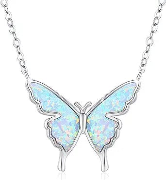 CUOKA MIRACLE Opal Butterfly Necklace for Women 925 Sterling Silver Dainty Cute Butterfly Charm Jewelry Delicate Pendant Butterfly Necklace Birthday Christmas Gift for Wife Girlfriend Mom Teen
