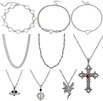 BENBIYO 9 PCS Grunge Necklace Set Goth Cross Saturn Thorns Gothic Angel Heart Wing Chain Choker Necklace for Women Teen Girls