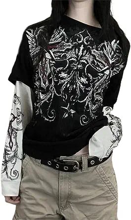 Y2k Fairy Grunge Graphic Long Sleeve Tees Tops Women E-Girls Aesthetic Gothic Skull Print Baggy T Shirts Emo Clothes