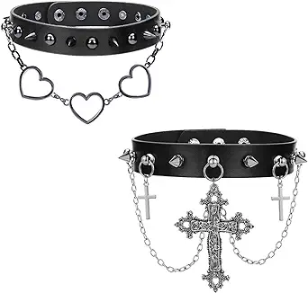 IDesign 2 pcs Gothic Punk choker heart cross y2k Collar necklace, Black PU Leather, Halloween Goth grunge Jewelry Gift for Women Men