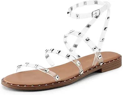 DREAM PAIRS Women's Clear Studded Pearl Gladiator Strappy Flat Sandals