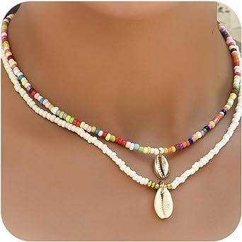 YANCHUN 2 Pcs Seashell Necklaces for Women Boho Puka Shell Necklace Summer Layered Shell Choker Necklace Adjustable Beach Surfer Necklace Jewelry for Girls