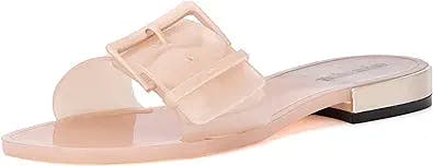 Olivia Miller Women’s Fashion Ladies Shoes, PVC Jelly w Buckle Wide Strap Single Band Slip On Open Square Toe Trendy Casual Summer Geli Slide Flat Sandals