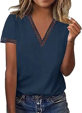 Womens Crochet Lace Summer Tops Trim V Neck T Shirts Casual Loose Tee Shirts Cute Printed