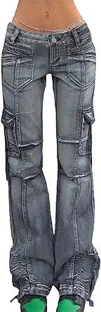 Women Gothic Cargo Pants Low Waist Straight Leg Baggy Jeans Hippie Denim Bell Bottom Trousers E- Girl Streetwear