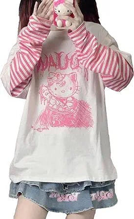 Anime Long Sleeve T-Shirts for Women Kitty Shirts Patchwork Kawaii Harajuku Fake Two Piece Gothic Tops