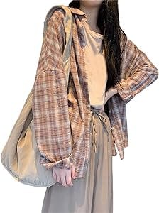 MEOKIM Harajuku Long-Sleeved Plaid Shirt Female Loose All-Match Student Retro Long-Sleeved Shirt Cute Clothes top(Khaki,XL)