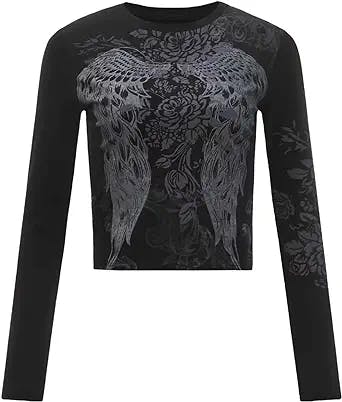 SOLY HUX Women's Gothic Wing Floral Graphic Y2K Crop Tee Tops Long Sleeve C
