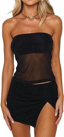 Bocymolay Y2k Ruched Bow Tube Top for Women Strapless Slim Fitted Solid Shirts See Through Sheer Mesh Streetwear