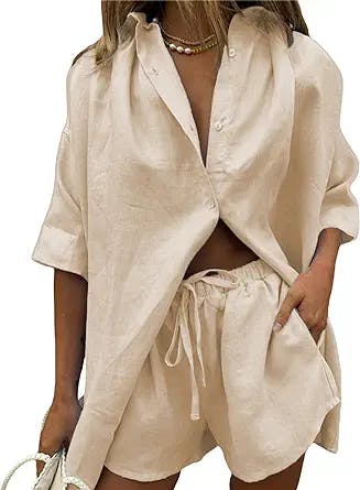 Women Casual 2 Piece Set Summer Solid Color Button-up Shirts Tops Drawstring Linen Shorts Loose Outfits Y2K Streetwear