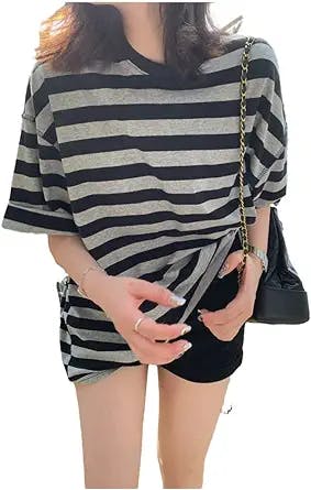 MOMEITU Harajuku Women's Short-Sleeved T-Shirt Black and White Striped T-Shirt Summer Loose All-Match Ladies Short-Sleeved