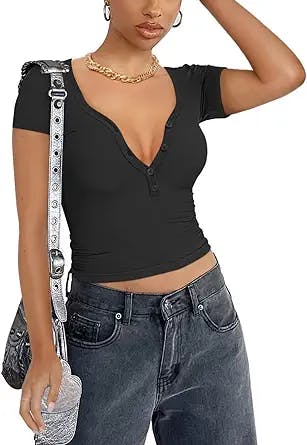 REORIA Women's Sexy Henley V Neck Button Down Short Sleeve Going Out Y2K Ribbed Tshirts Crop Tops